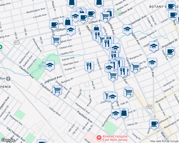map of restaurants, bars, coffee shops, grocery stores, and more near 208 Burgess Place in Passaic