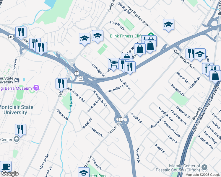 map of restaurants, bars, coffee shops, grocery stores, and more near 54 Donnalin Place in Clifton