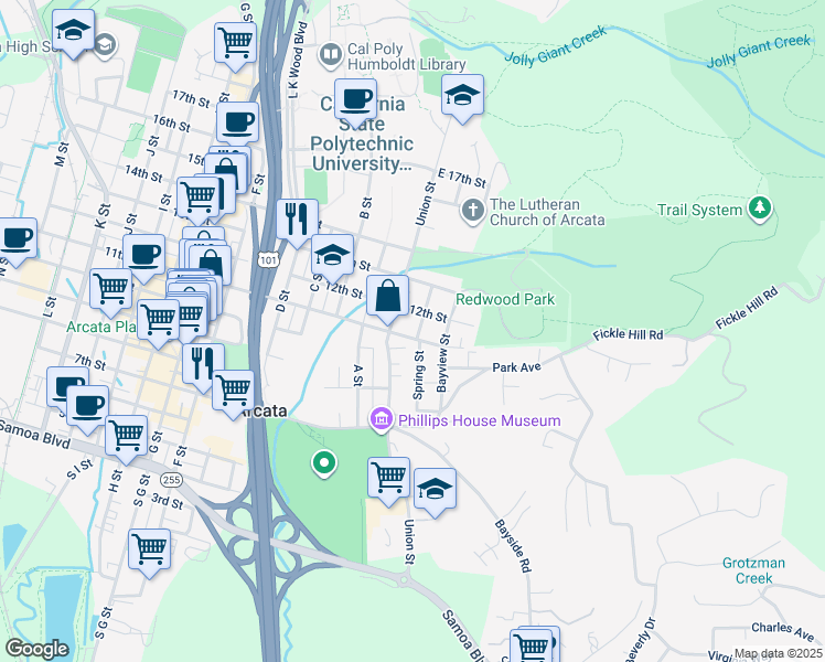 map of restaurants, bars, coffee shops, grocery stores, and more near 1127 Spring Street in Arcata