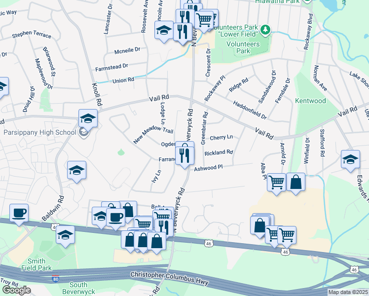 map of restaurants, bars, coffee shops, grocery stores, and more near 3 Ogden Place in Parsippany-Troy Hills