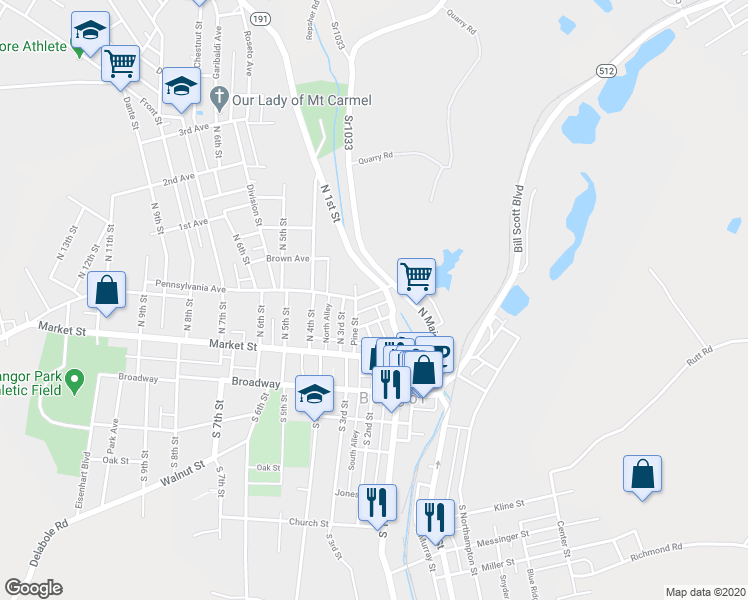map of restaurants, bars, coffee shops, grocery stores, and more near 124 Pennsylvania Avenue in Bangor