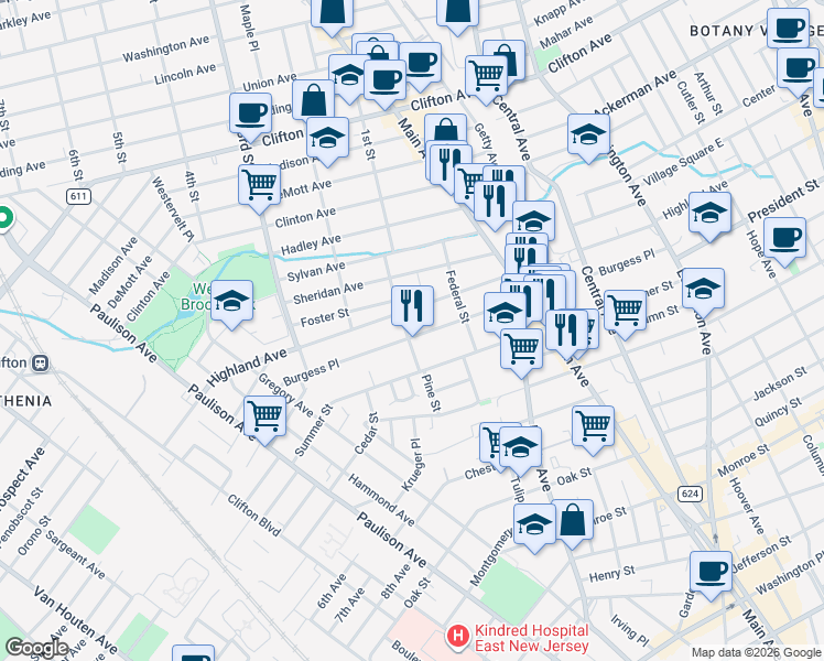 map of restaurants, bars, coffee shops, grocery stores, and more near 206 Burgess Place in Passaic