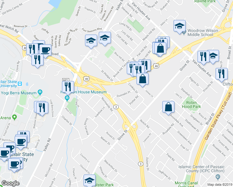 map of restaurants, bars, coffee shops, grocery stores, and more near 54 Donnalin Place in Clifton