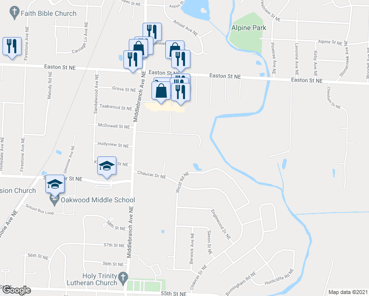map of restaurants, bars, coffee shops, grocery stores, and more near 2732 Mcdowell Street Northeast in Canton