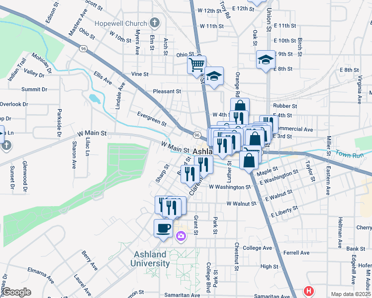 map of restaurants, bars, coffee shops, grocery stores, and more near 326 West Main Street in Ashland