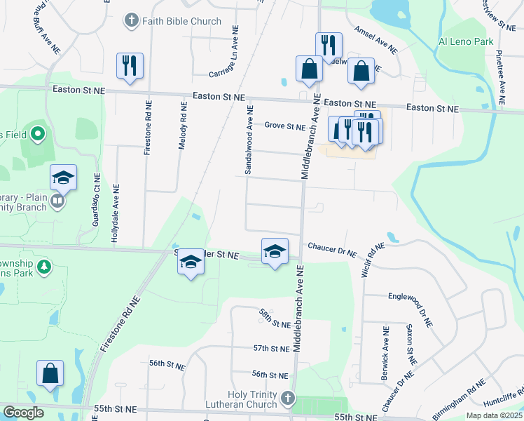 map of restaurants, bars, coffee shops, grocery stores, and more near 2520 Hollyview Street Northeast in Canton