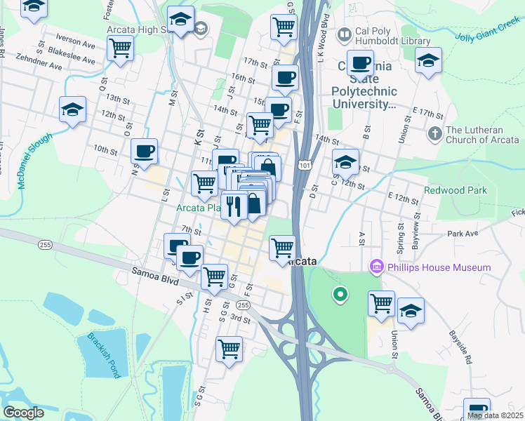 map of restaurants, bars, coffee shops, grocery stores, and more near 632 9th Street in Arcata