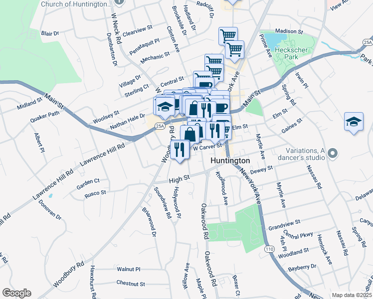 map of restaurants, bars, coffee shops, grocery stores, and more near West Carver Street & Prospect Street in Huntington