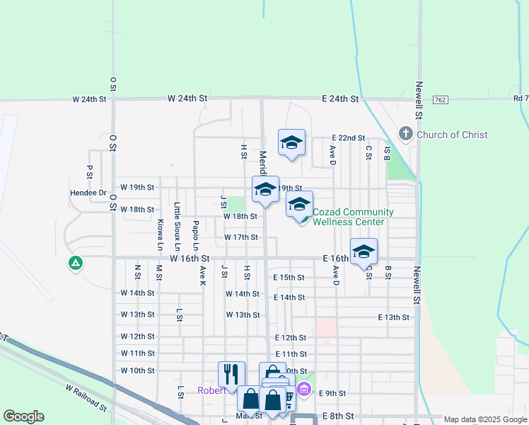 map of restaurants, bars, coffee shops, grocery stores, and more near 1810 Meridian Avenue in Cozad