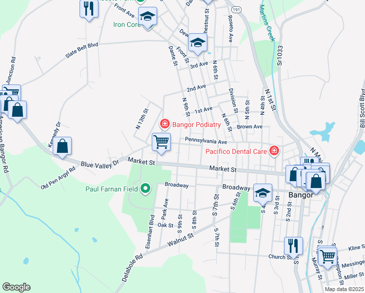 map of restaurants, bars, coffee shops, grocery stores, and more near 918 Upper Pennsylvania Avenue in Bangor