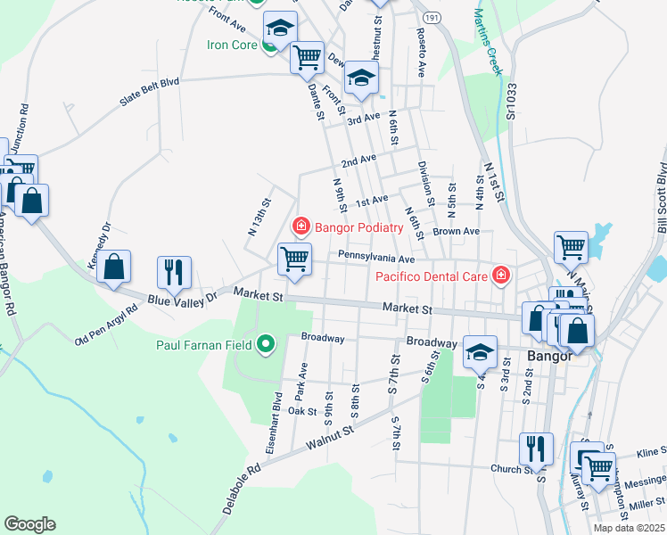 map of restaurants, bars, coffee shops, grocery stores, and more near 918 Upper Pennsylvania Avenue in Bangor