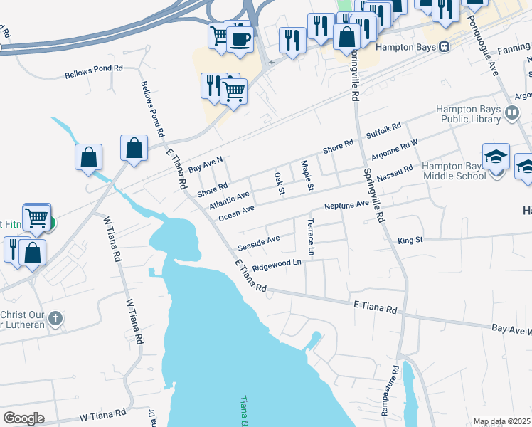map of restaurants, bars, coffee shops, grocery stores, and more near 45 Ocean Avenue in Hampton Bays