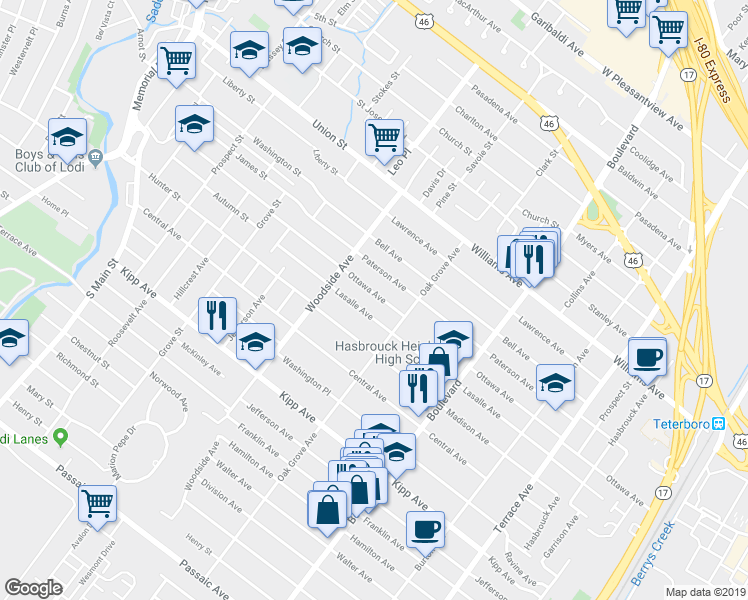 map of restaurants, bars, coffee shops, grocery stores, and more near 110 Ottawa Avenue in Hasbrouck Heights