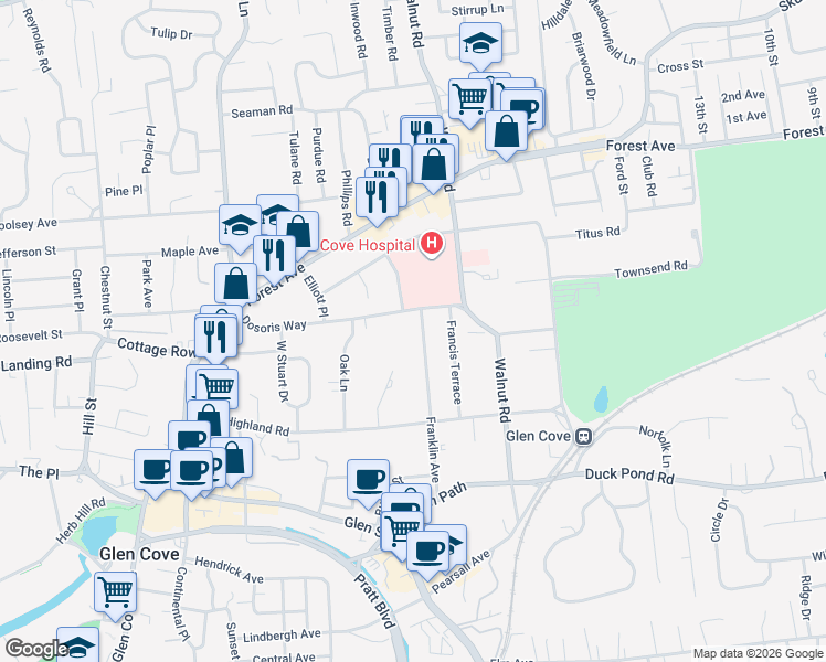 map of restaurants, bars, coffee shops, grocery stores, and more near 69 Franklin Avenue in Glen Cove