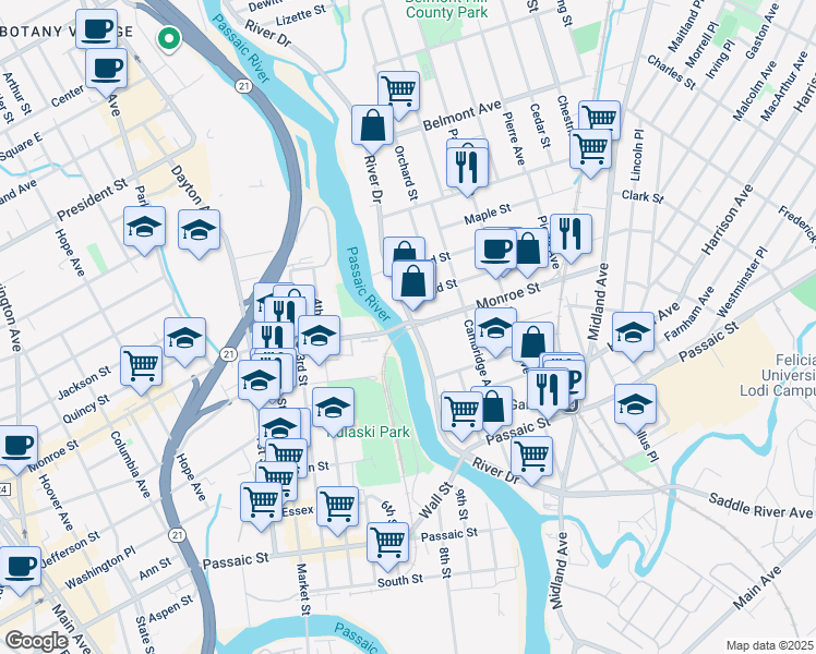 map of restaurants, bars, coffee shops, grocery stores, and more near 323 River Drive in Garfield