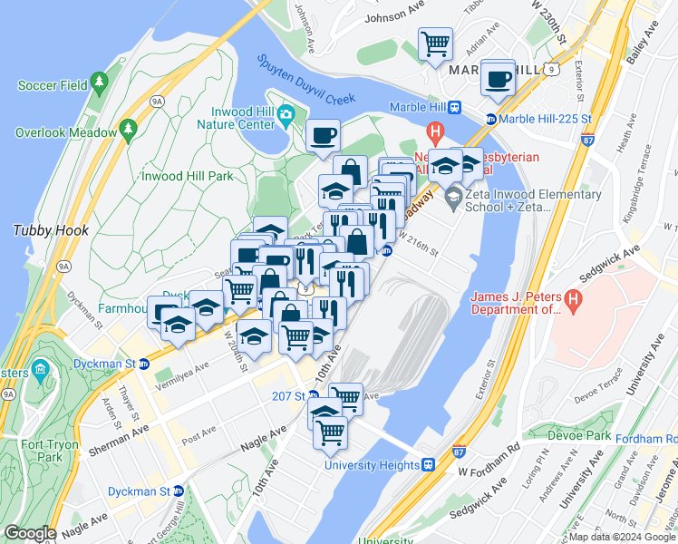 map of restaurants, bars, coffee shops, grocery stores, and more near 5010 Broadway in New York
