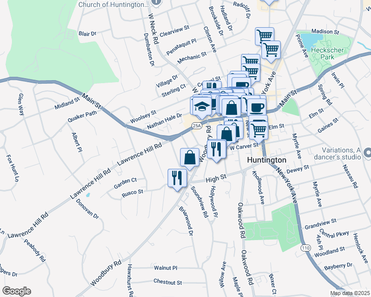 map of restaurants, bars, coffee shops, grocery stores, and more near 25 Scudder Place in Huntington