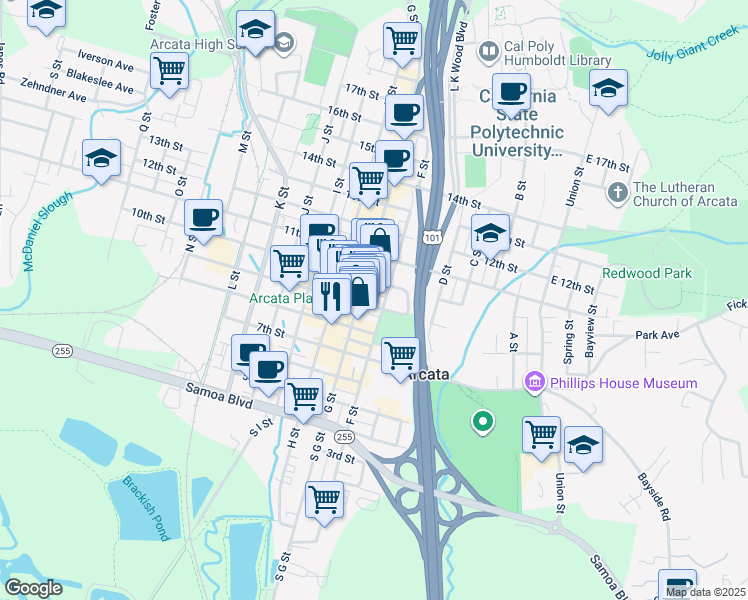 map of restaurants, bars, coffee shops, grocery stores, and more near 925 E Street in Arcata
