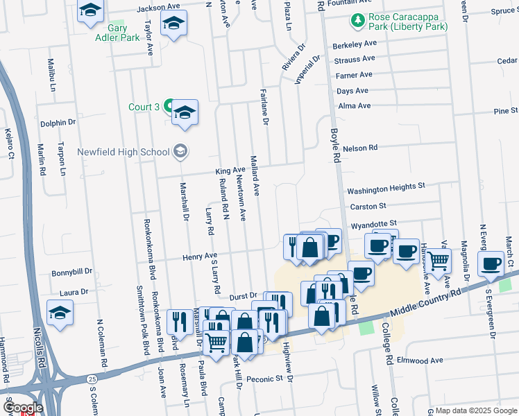 map of restaurants, bars, coffee shops, grocery stores, and more near 17 South Newtown Avenue in Selden