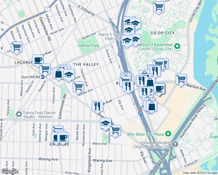 map of restaurants, bars, coffee shops, grocery stores, and more near 2842 Bruner Avenue in Bronx