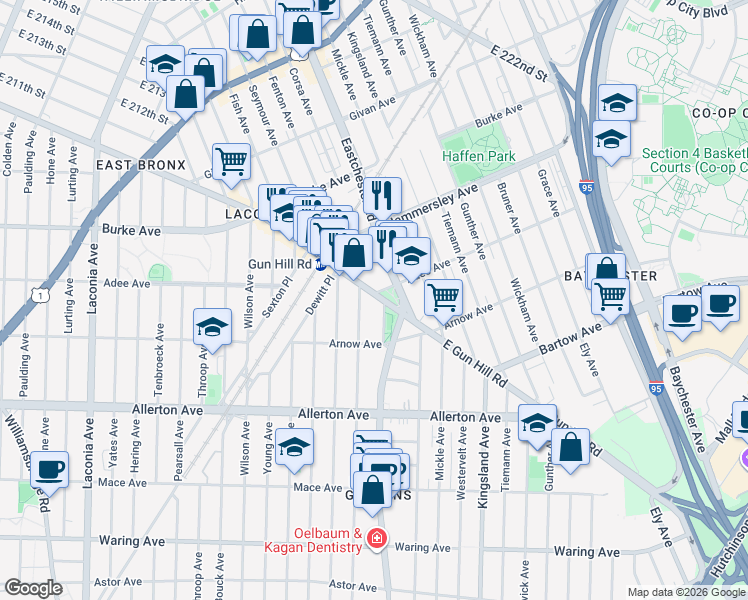 map of restaurants, bars, coffee shops, grocery stores, and more near 1452 East Gun Hill Road in Bronx