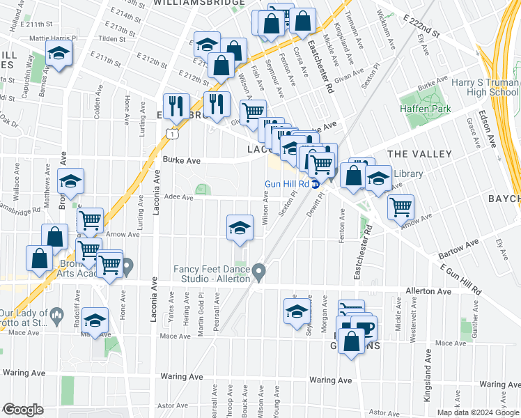 map of restaurants, bars, coffee shops, grocery stores, and more near 2950 Bouck Avenue in The Bronx