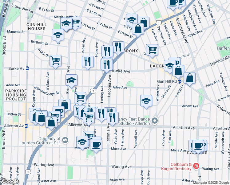 map of restaurants, bars, coffee shops, grocery stores, and more near 2954 Laconia Avenue in Bronx