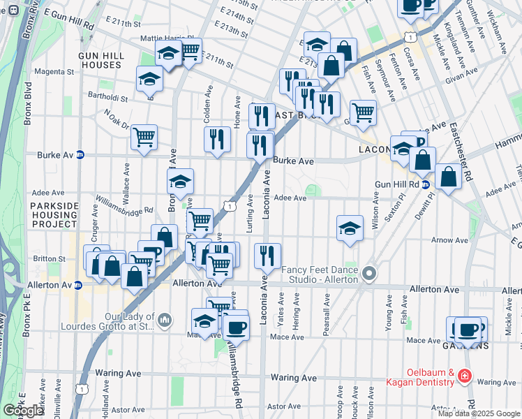 map of restaurants, bars, coffee shops, grocery stores, and more near 2954 Laconia Avenue in Bronx