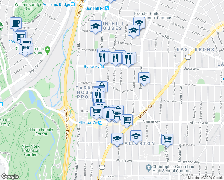 map of restaurants, bars, coffee shops, grocery stores, and more near 2928 Cruger Avenue in Bronx