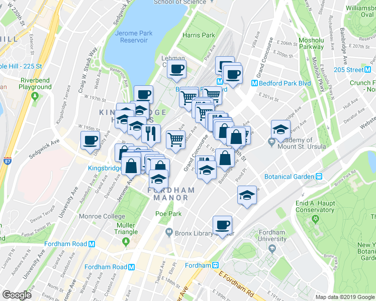 map of restaurants, bars, coffee shops, grocery stores, and more near 2781 Grand Concourse in Bronx