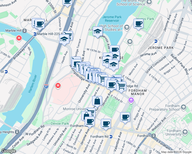map of restaurants, bars, coffee shops, grocery stores, and more near in The Bronx