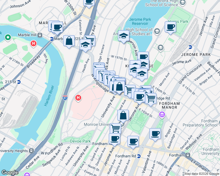 map of restaurants, bars, coffee shops, grocery stores, and more near in The Bronx