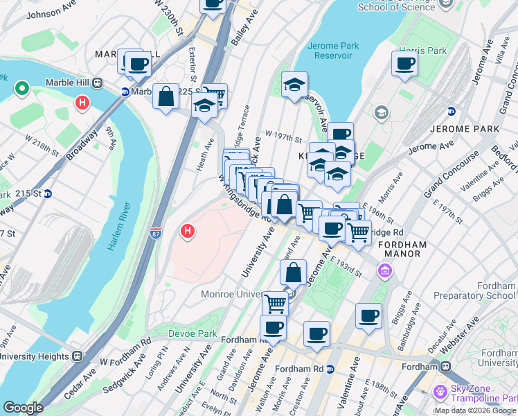 map of restaurants, bars, coffee shops, grocery stores, and more near 2690 Webb Avenue in The Bronx