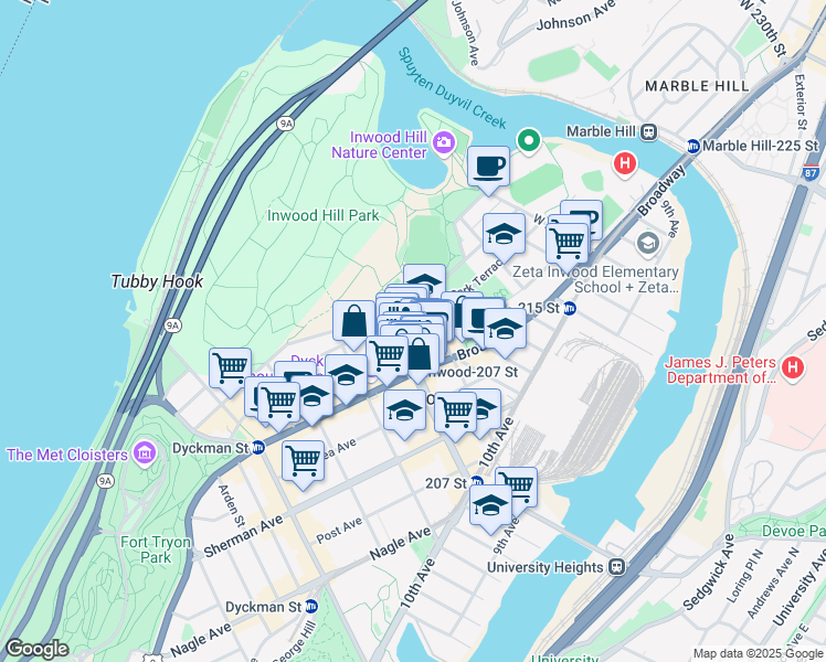 map of restaurants, bars, coffee shops, grocery stores, and more near 647 West 207th Street in New York
