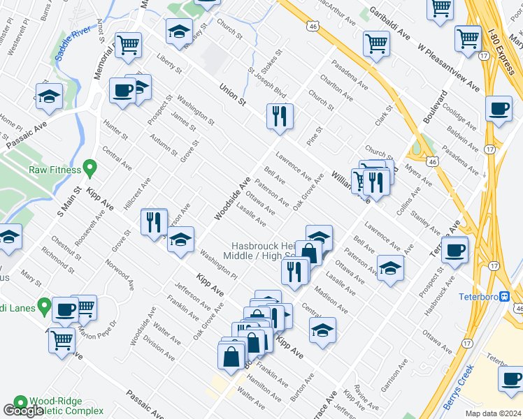map of restaurants, bars, coffee shops, grocery stores, and more near 110 Ottawa Avenue in Hasbrouck Heights