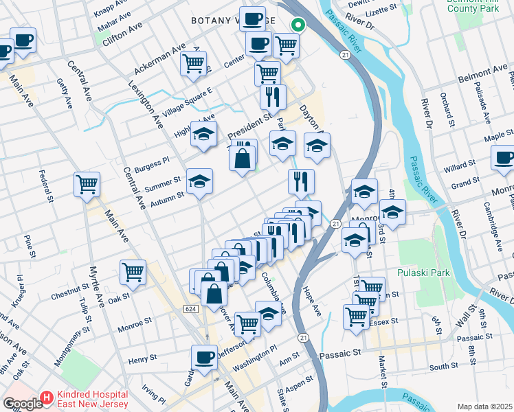 map of restaurants, bars, coffee shops, grocery stores, and more near 167 Hope Avenue in Passaic