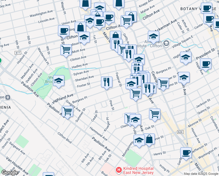 map of restaurants, bars, coffee shops, grocery stores, and more near 208 Burgess Place in Passaic