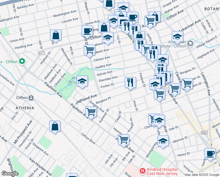 map of restaurants, bars, coffee shops, grocery stores, and more near 41 Foster Street in Clifton