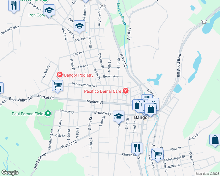 map of restaurants, bars, coffee shops, grocery stores, and more near 516 Pennsylvania Avenue in Bangor