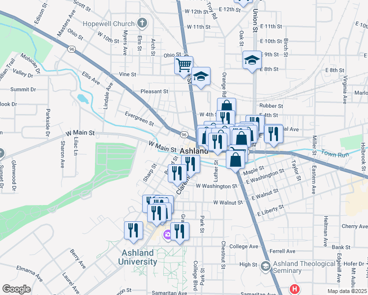 map of restaurants, bars, coffee shops, grocery stores, and more near in Ashland