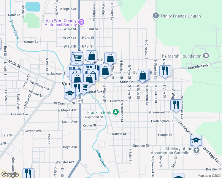 map of restaurants, bars, coffee shops, grocery stores, and more near 100-120 South Walnut Street in Van Wert