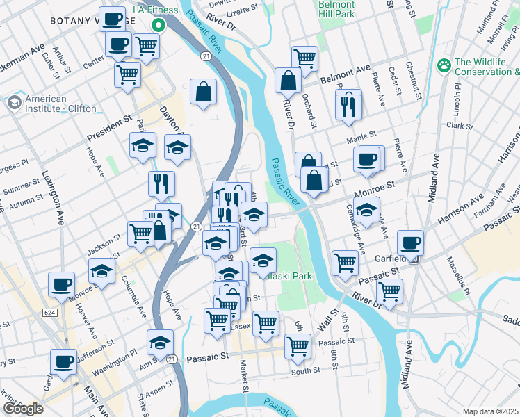 map of restaurants, bars, coffee shops, grocery stores, and more near 200 4th Street in Passaic