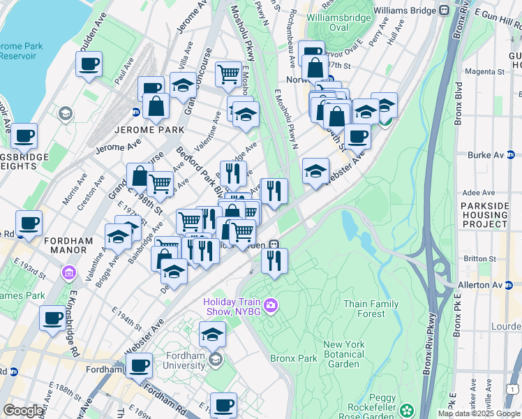map of restaurants, bars, coffee shops, grocery stores, and more near 380 East 201st Street in The Bronx