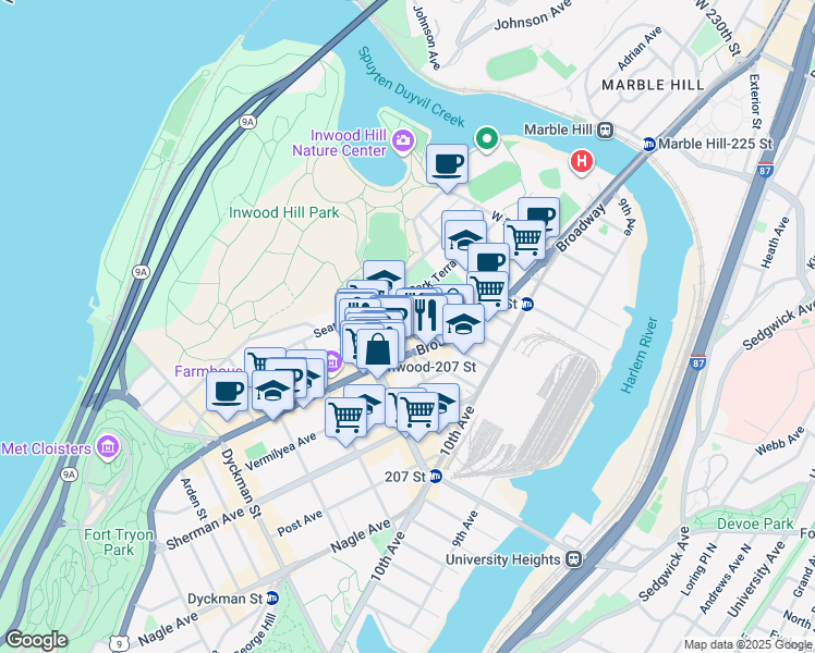 map of restaurants, bars, coffee shops, grocery stores, and more near 603 Isham Street in New York