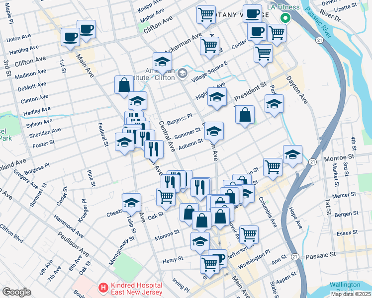 map of restaurants, bars, coffee shops, grocery stores, and more near 153 Autumn Street in Passaic