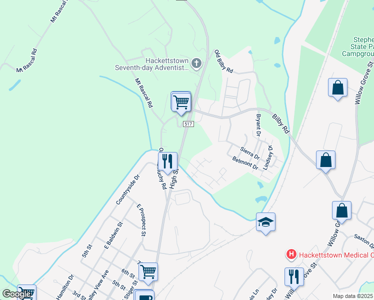 map of restaurants, bars, coffee shops, grocery stores, and more near 910 County Road 517 in Hackettstown