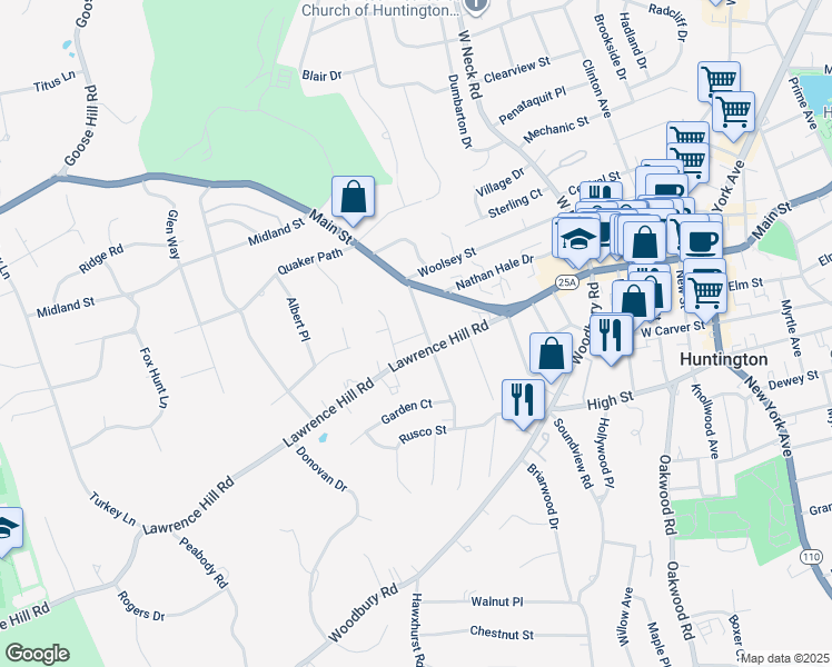 map of restaurants, bars, coffee shops, grocery stores, and more near 39 Carley Avenue in Huntington