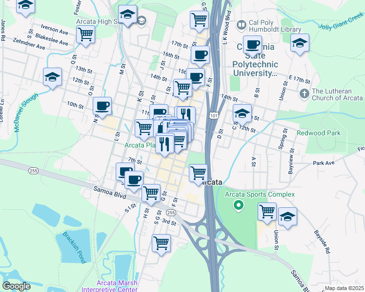 map of restaurants, bars, coffee shops, grocery stores, and more near 708 9th Street in Arcata