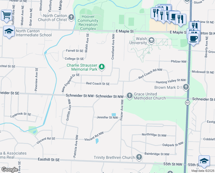 map of restaurants, bars, coffee shops, grocery stores, and more near 1502 Red Coach Street Southeast in North Canton