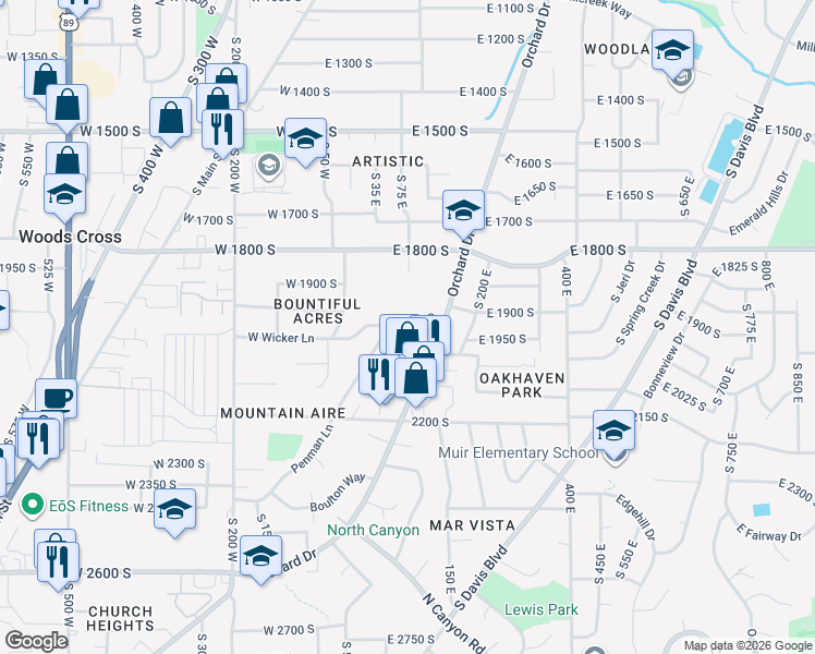 map of restaurants, bars, coffee shops, grocery stores, and more near 98e East 2000 South in Bountiful